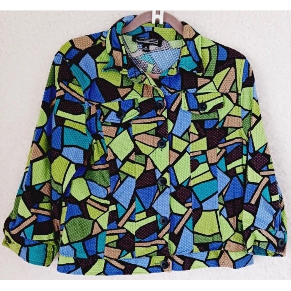 Jacket Cropped Button Blue Lime Black Faux Pockets Psychedelic Women's M